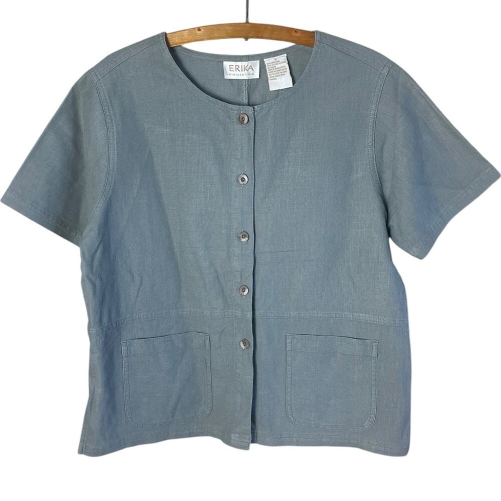 Vtg ERIKA Collection Women’s Small Linen Blend Too Blouse Button Down